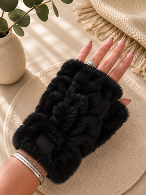 Sculpted Faux Fur Fingerless Gloves – Black