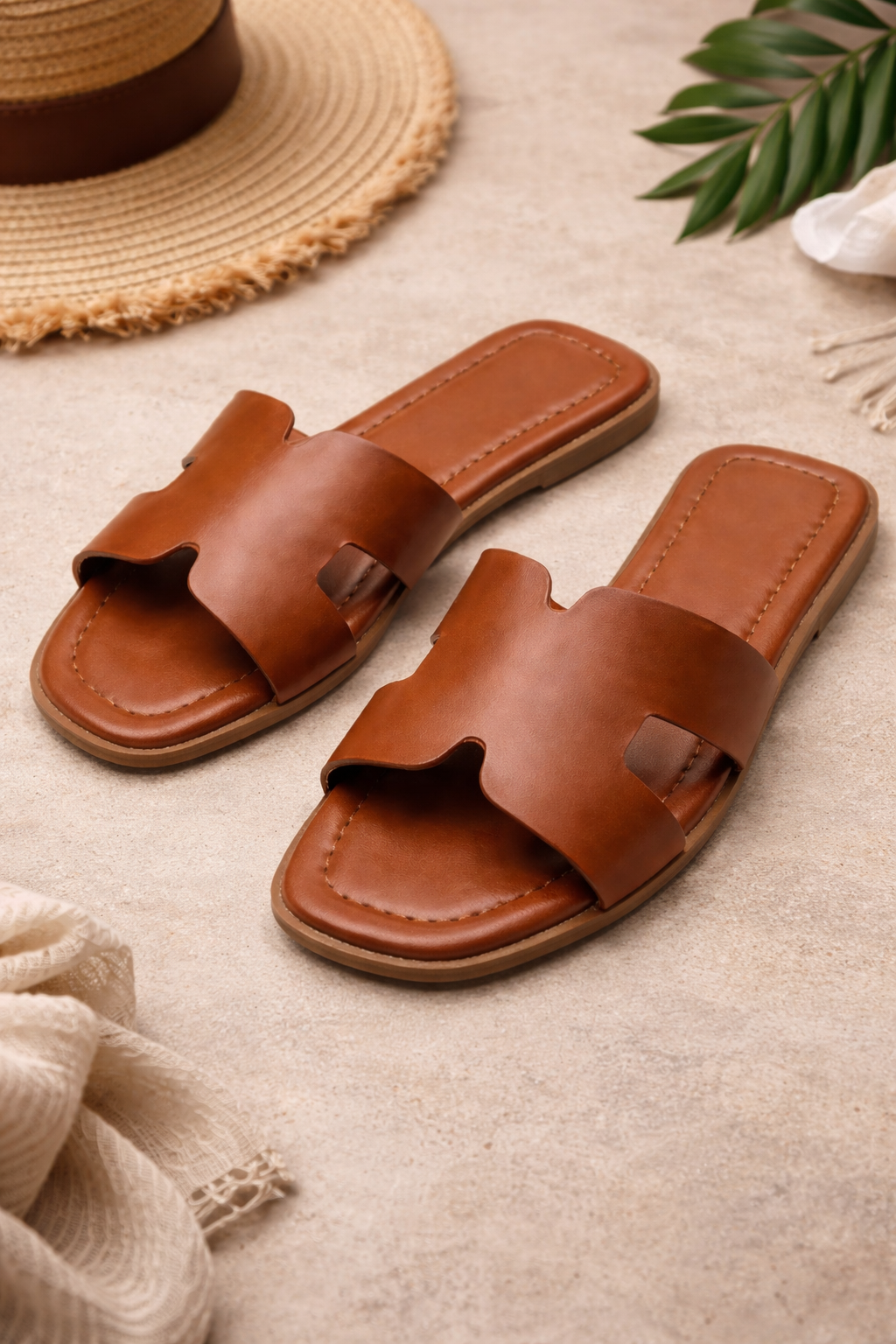 Tula Cut-Out Faux Leather Sliders Tan