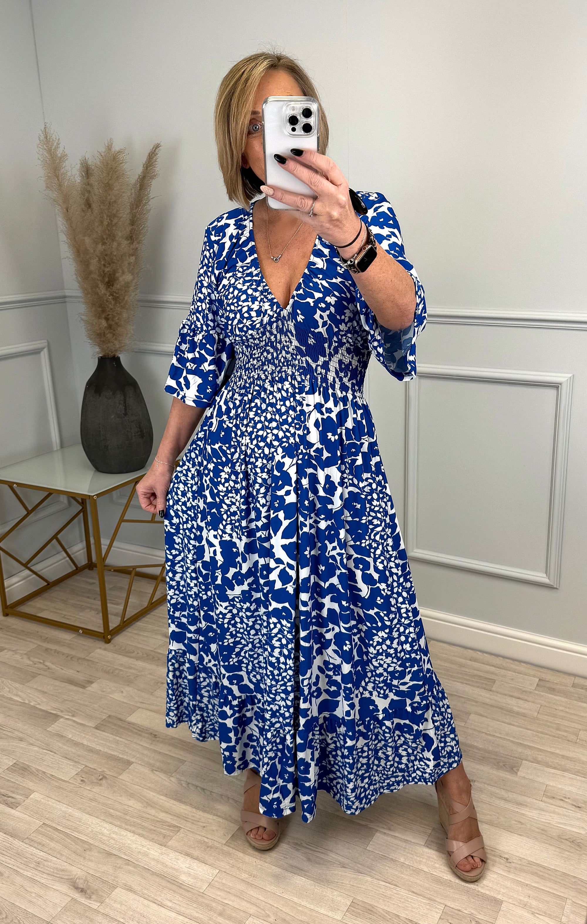 Azalea Floral V-Neck Shirred Waist Midi Dress - Flowy & Elegant Design (Sizes 8-20) - Susie's Boutique