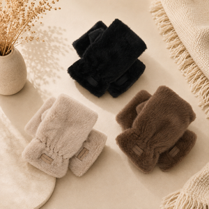 Faux Fur Fingerless Gloves – Cream