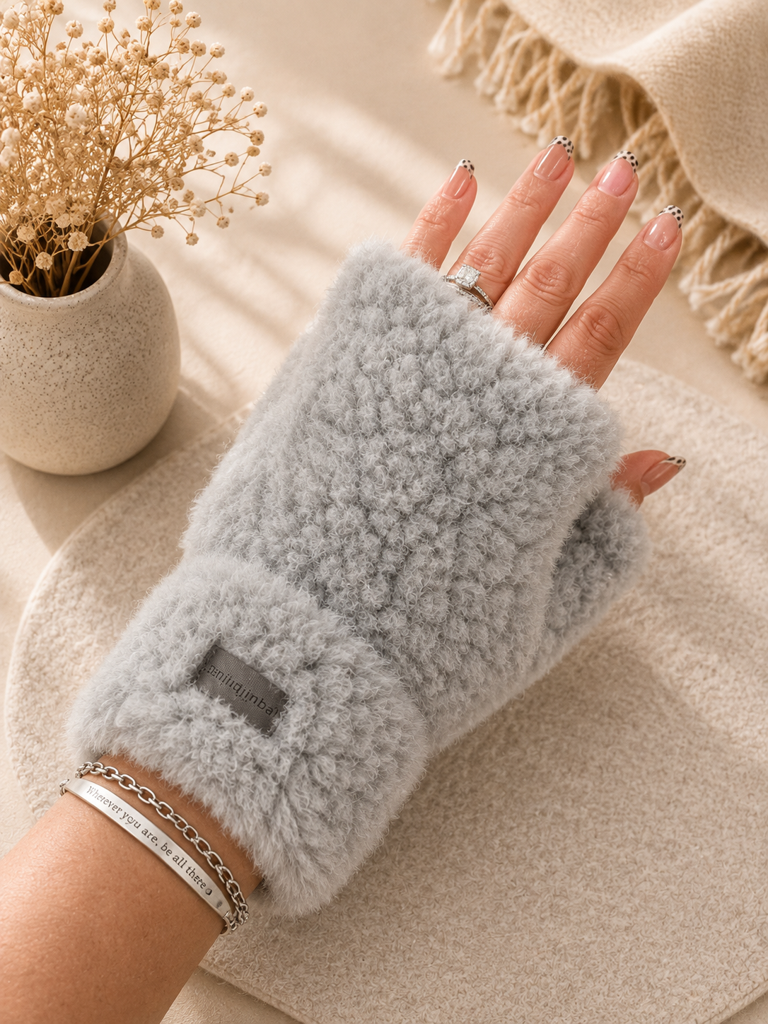 Teddy Fingerless Gloves – Grey