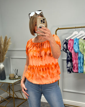 Jessie Gypsy Tie Dye Bardot Top 8-18 Orange - Susie's Boutique