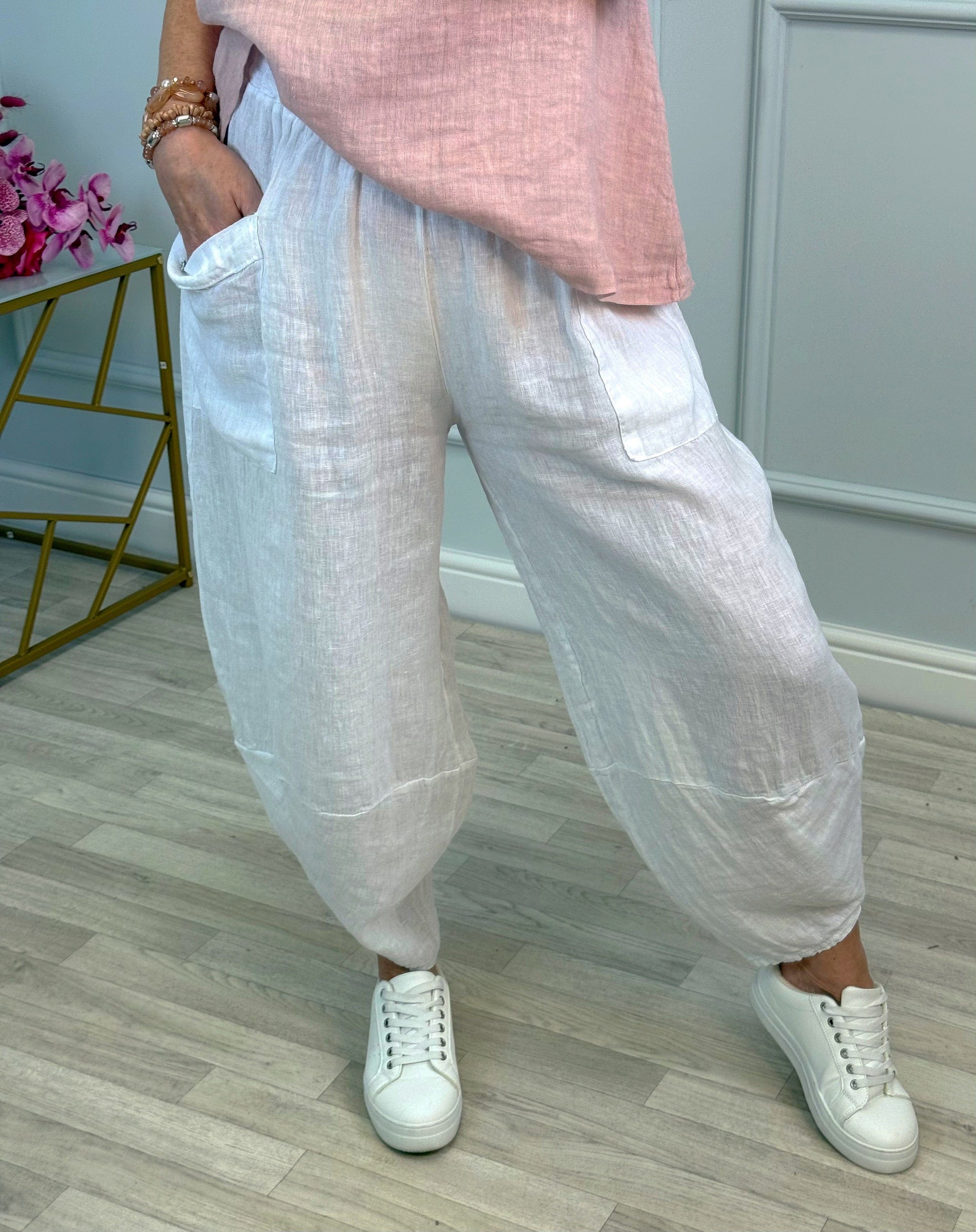 Larisa Quirky Linen Cocoon Pants 8-14 White - Susie's Boutique