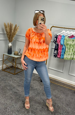 Jessie Gypsy Tie Dye Bardot Top 8-18 Orange - Susie's Boutique