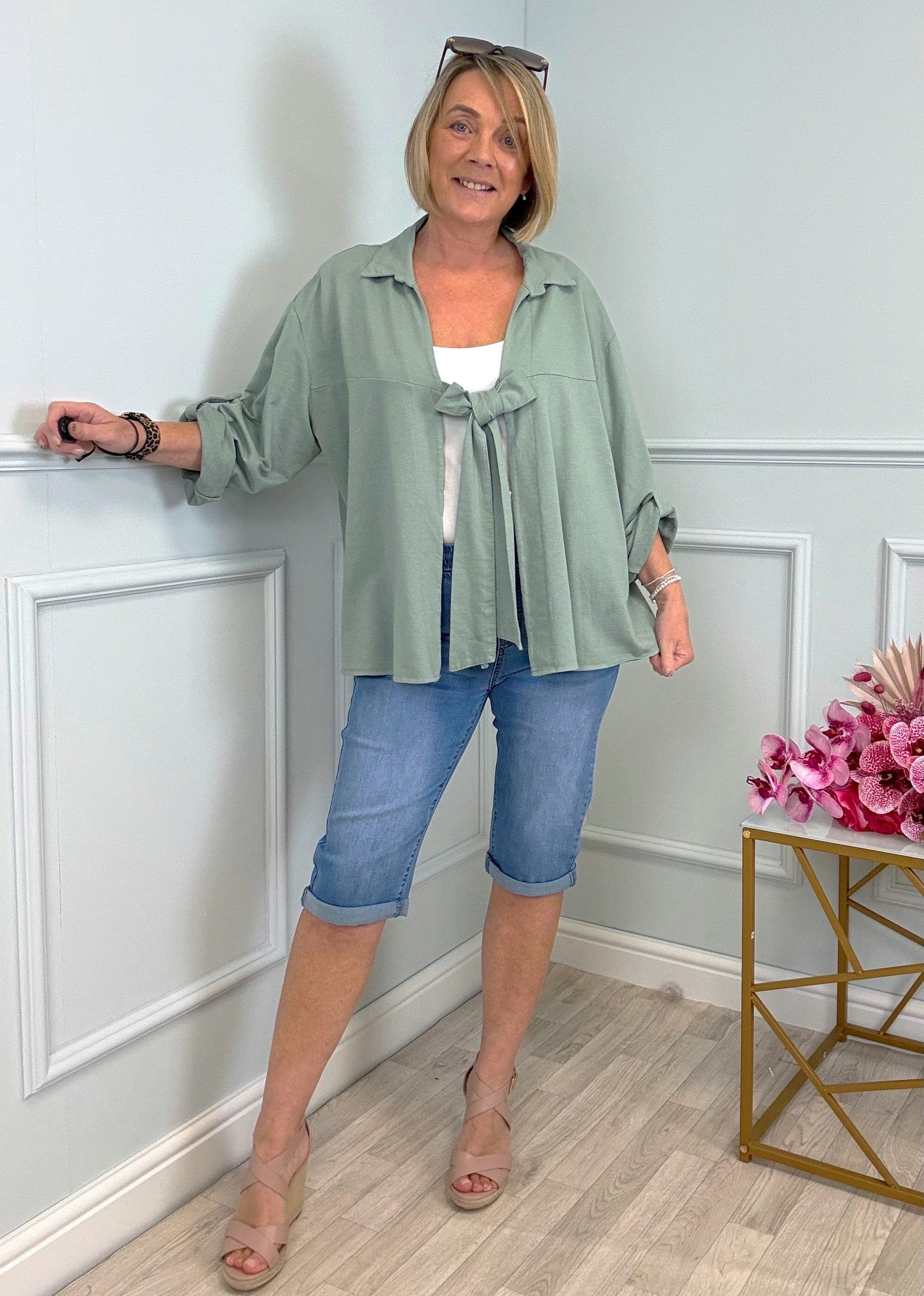 Eliza Tie-Front Lightweight Jacket with Roll-Up Sleeves 10-20 Sage - Susie's Boutique
