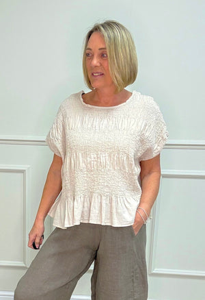 Freya Crinkle Frill Hem Linen Top – Sand