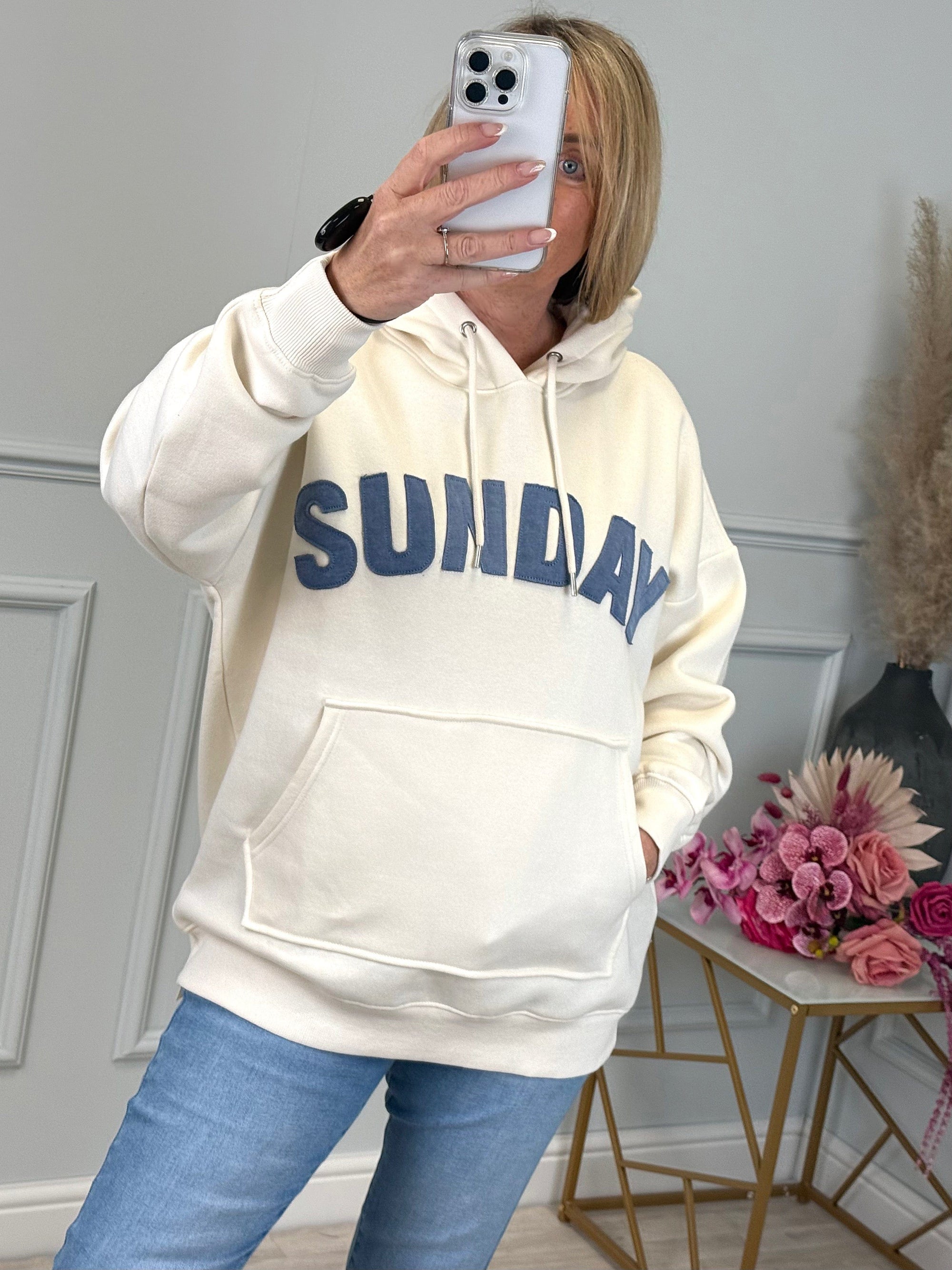 'Sunday' Denim Applique Hoodie Cream 8-22