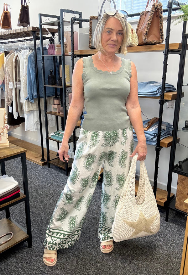 Paisley Wide-Leg Trousers 8-16 Sage