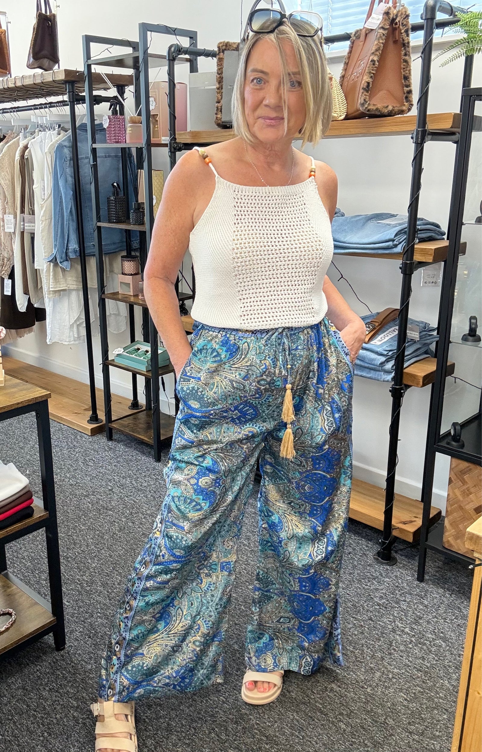 Mila Paisley Wide-Leg Tassel Trousers 8-16 Aqua