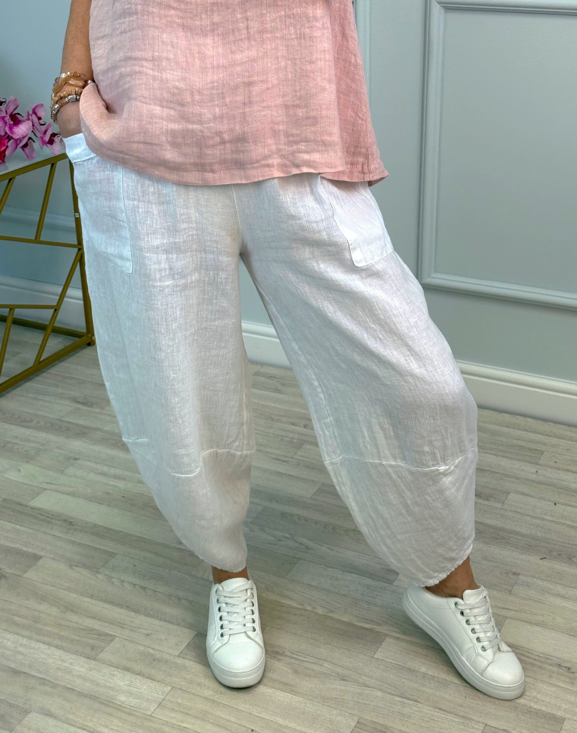 Larisa Quirky Linen Cocoon Pants 8-14 White - Susie's Boutique