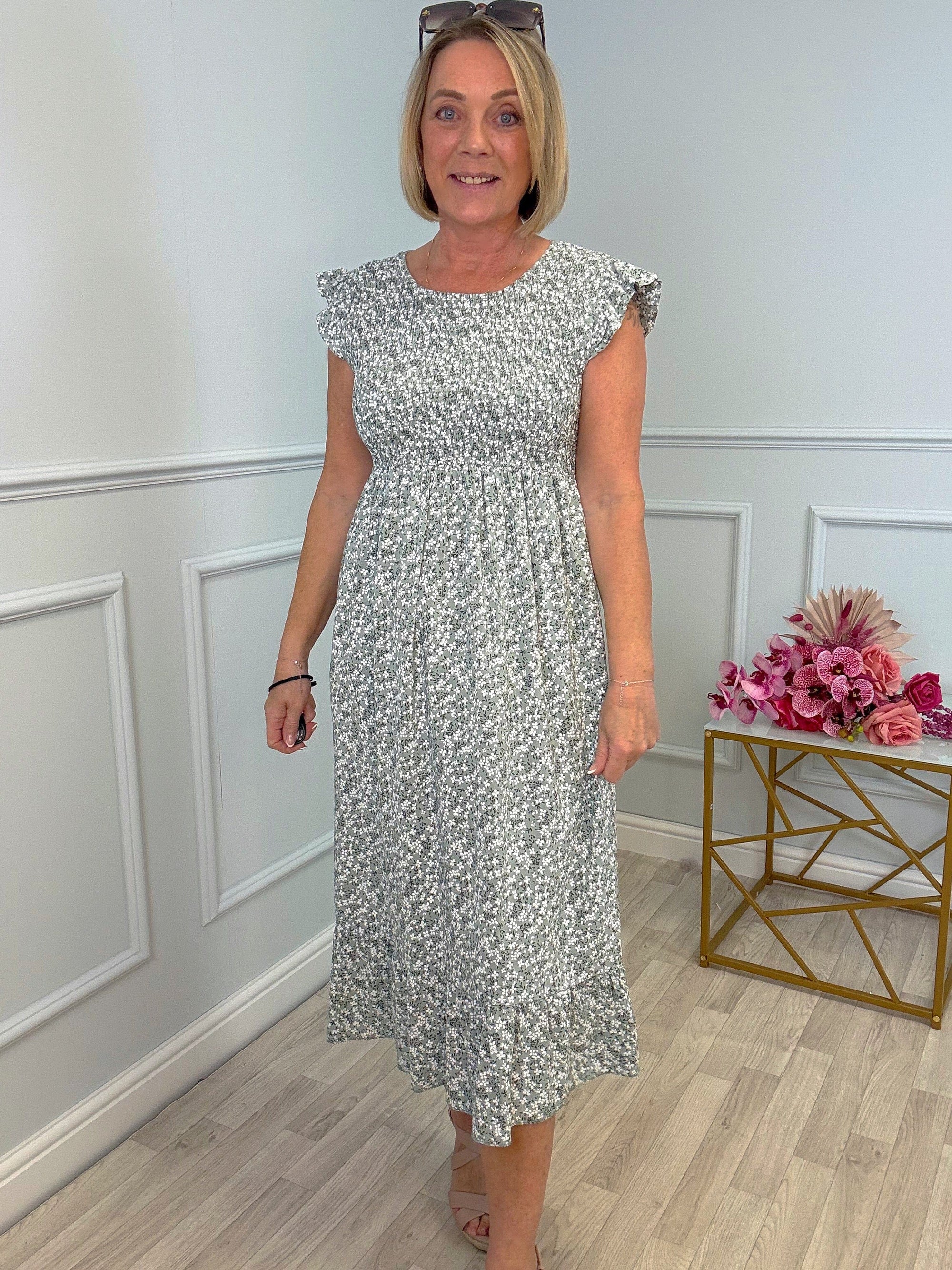Irina Ditsy Print Midi Dress 8-16 Sage - Susie's Boutique