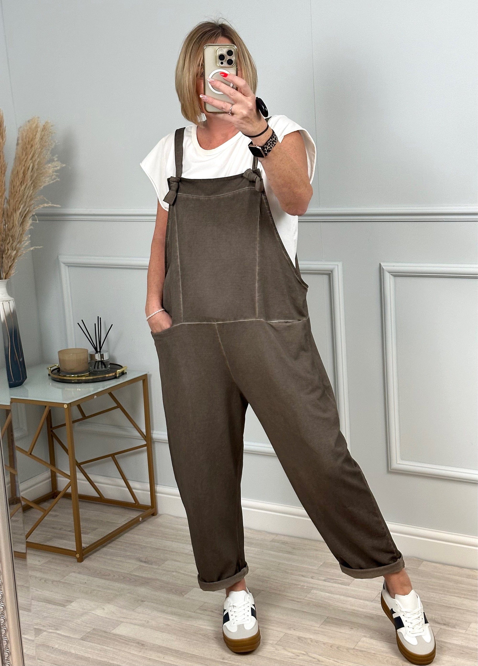 Nina Jersey Dungarees 8-16 Mocha - Susie's Boutique