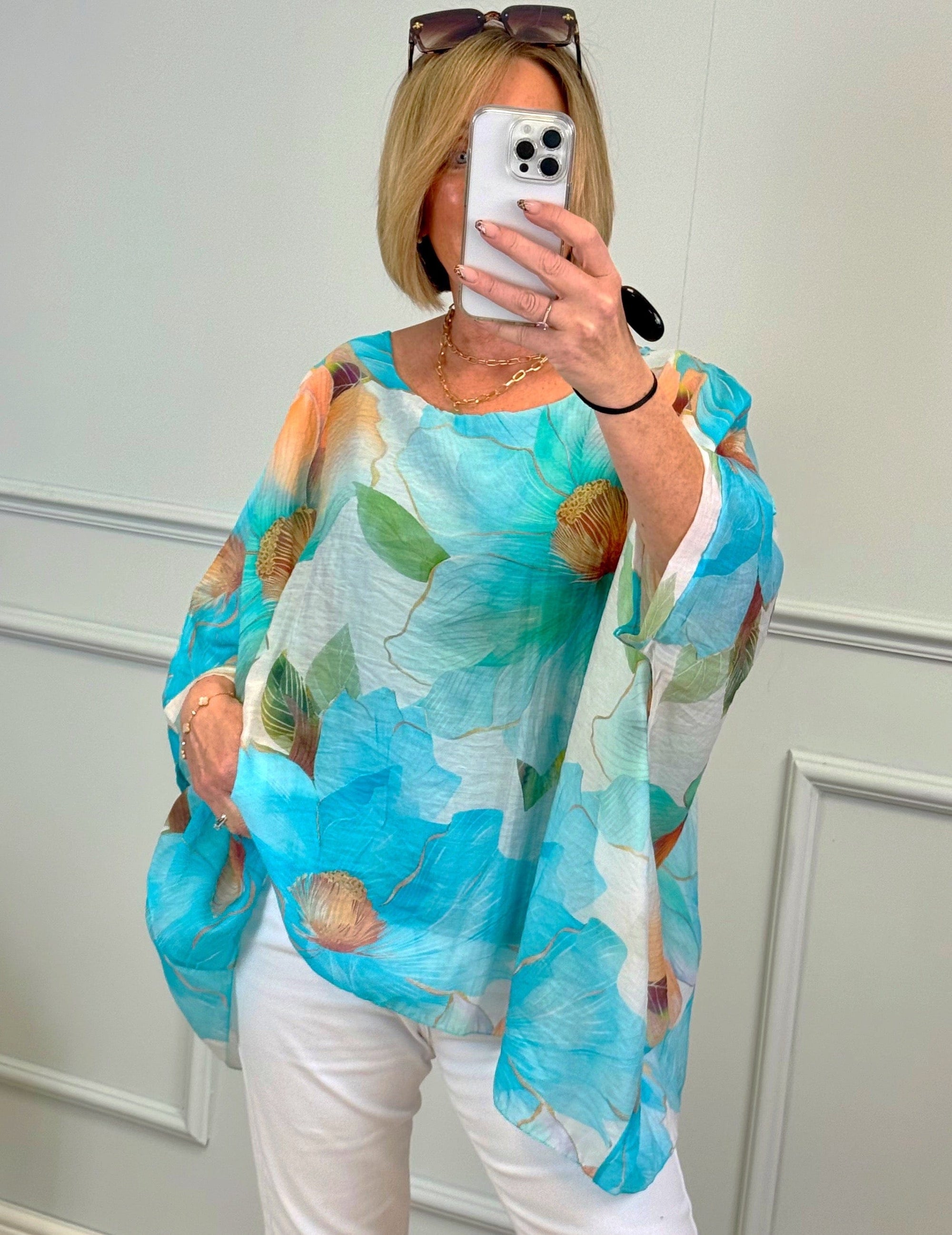 Lyra Oversized Floral Print Top 10-20 Turquoise
