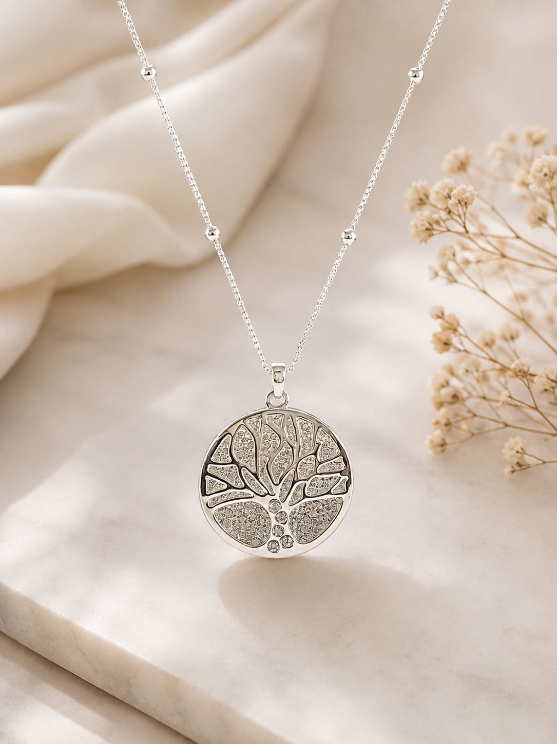 Silver Filigree Disk Tree of Life Pendant Necklace