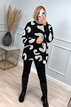 Mila Scribble Print Knitted Jumper – Black