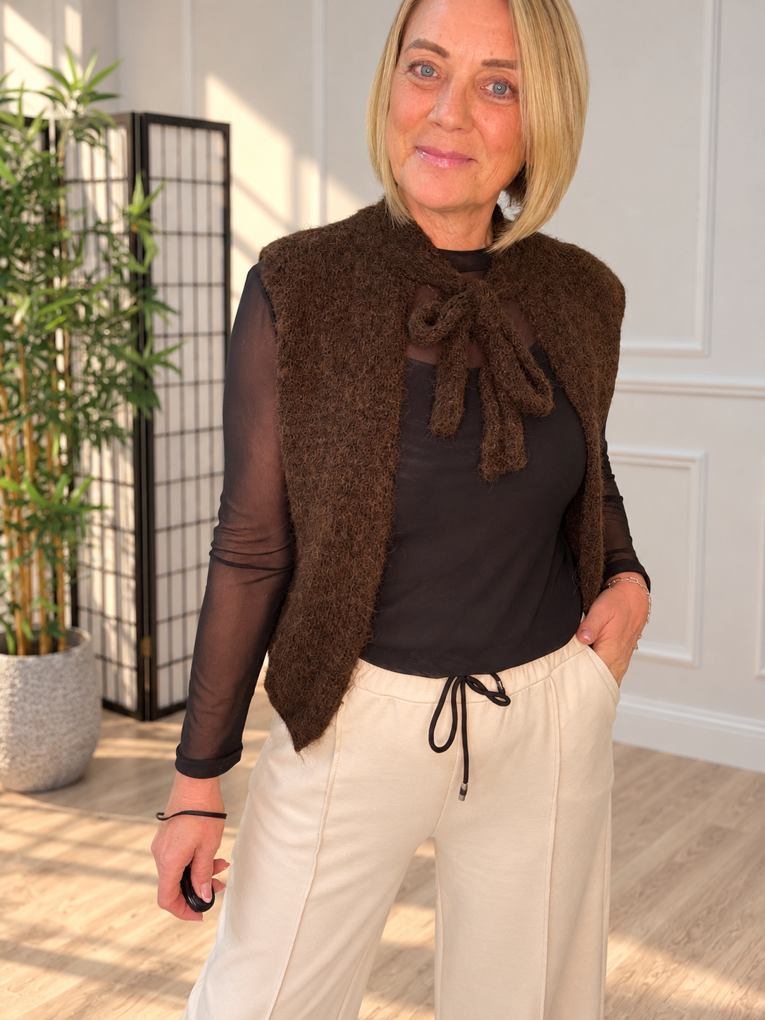 Tie-Neck Knitted Sleeveless Jumper – Sizes 8–14 Chocolate