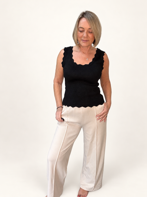 Lurex Scalloped Edge Ribbed Vest Top – Black
