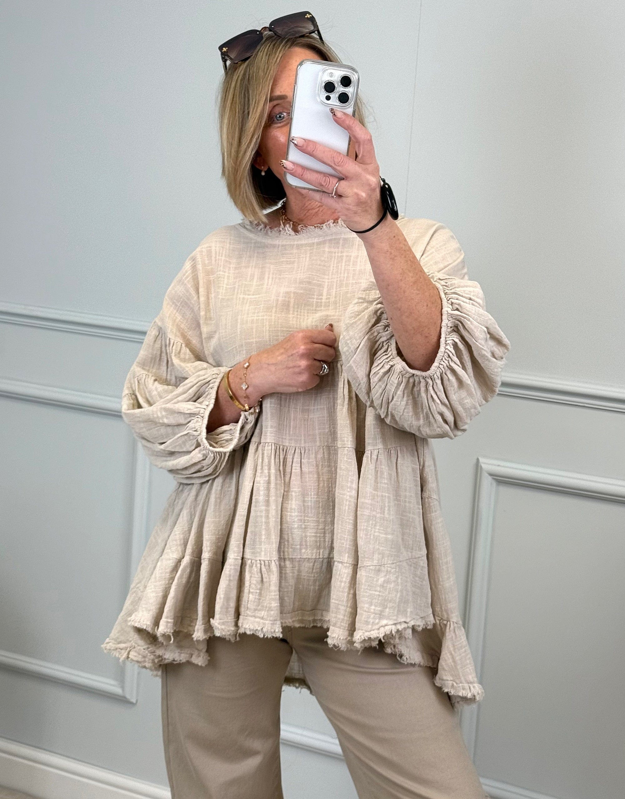 Alessia Frill Hem Boho Smock Top One Size Sand