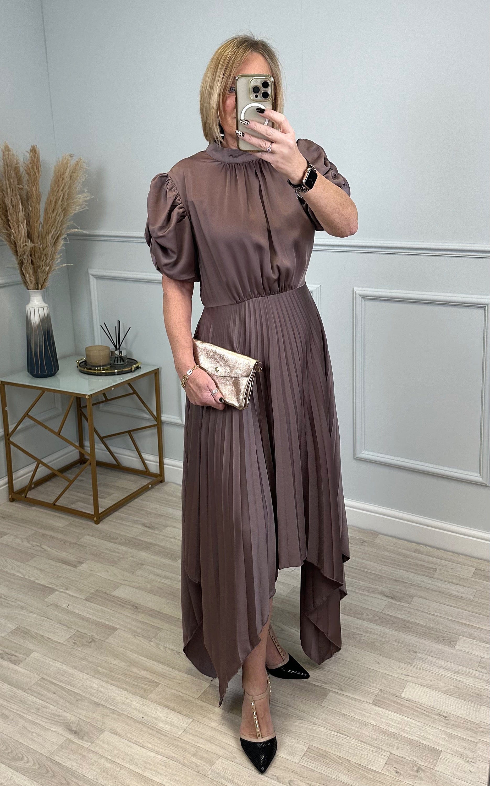 AX Paris Delphine Puff Sleeve Pleated Midi Dress Taupe NO RETURNS ON SALE ITEMS