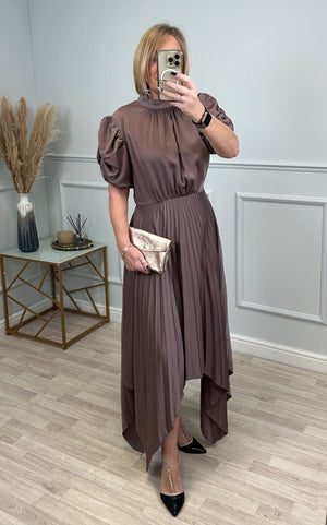 AX Paris Delphine Puff Sleeve Pleated Midi Dress Taupe NO RETURNS ON SALE ITEMS
