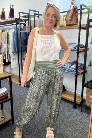 Leopard Print Harem Barrel Trousers 8-16 Khaki