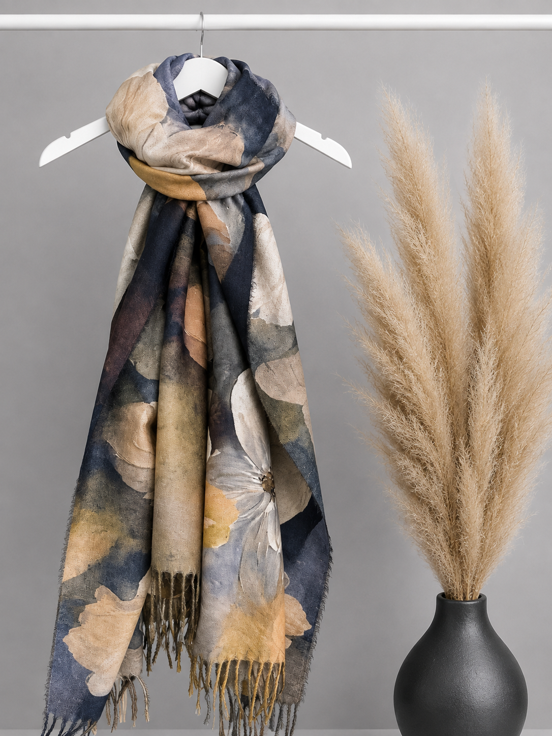 Watercolour Floral Tassel Scarf – Neutral Bloom