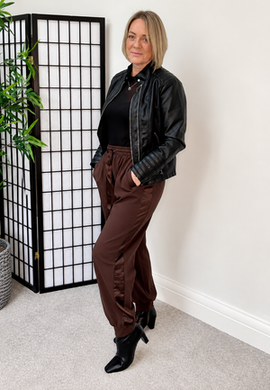 Talia Satin Stripe Joggers – Chocolate