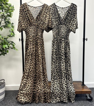 Margot Leopard Wrap V-neck Slinky Maxi Dress 8-20 Natural - Susie's Boutique