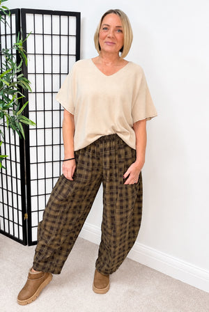 Martha Pin Cord Barrel Trousers – Chocolate Check