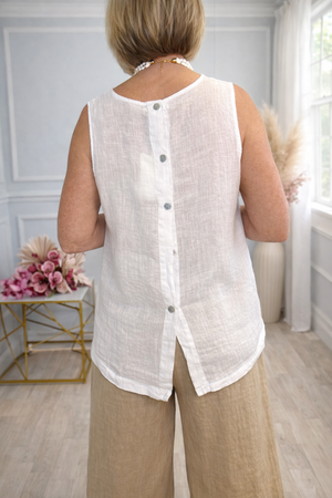 Alba Sleeveless Linen Button-Back Top 8-16 White