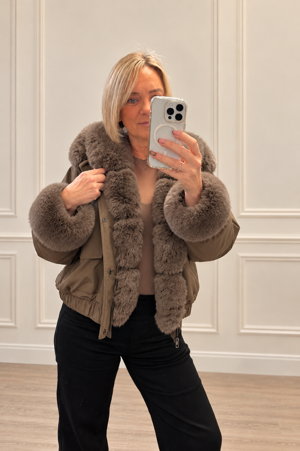 Mika Detachable Faux Fur Trim Bomber Jacket – Mocha