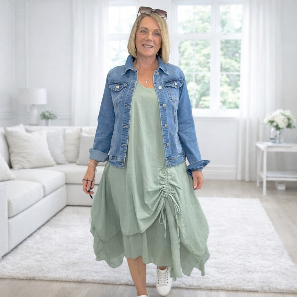 Naya Drawstring Ruched Hem Dress – Sizes 12–18 Sage