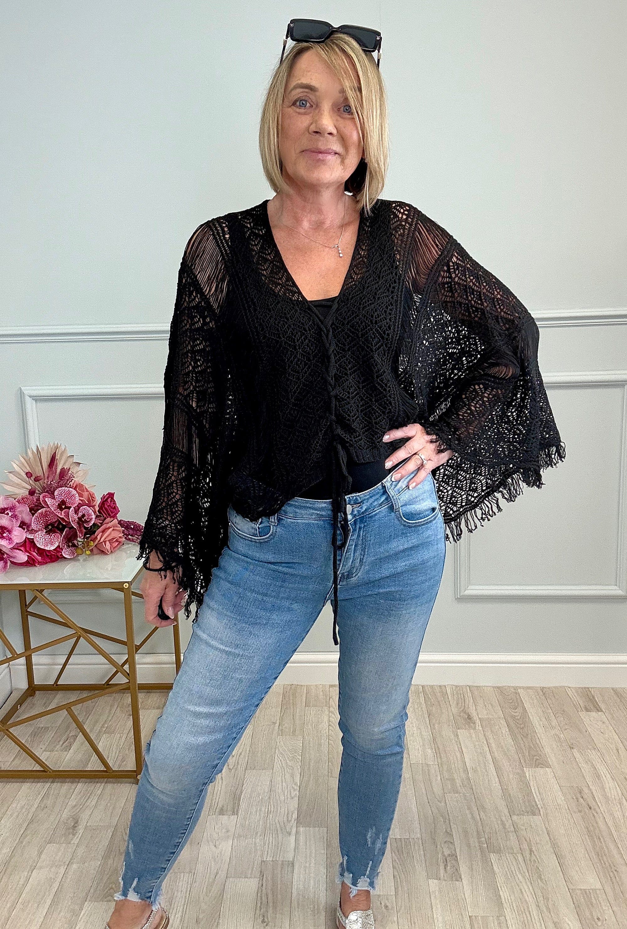 Talia Crochet Lace Top with Fringe Detail Black - Susie's Boutique