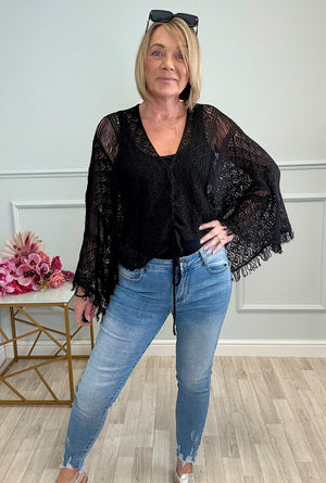 Talia Crochet Lace Top with Fringe Detail Black - Susie's Boutique