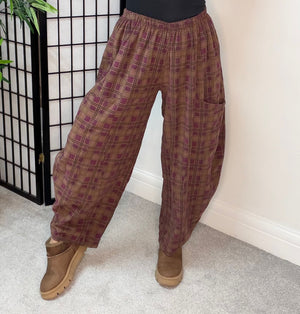 Martha Pin Cord Barrel Trousers – Burgundy Check