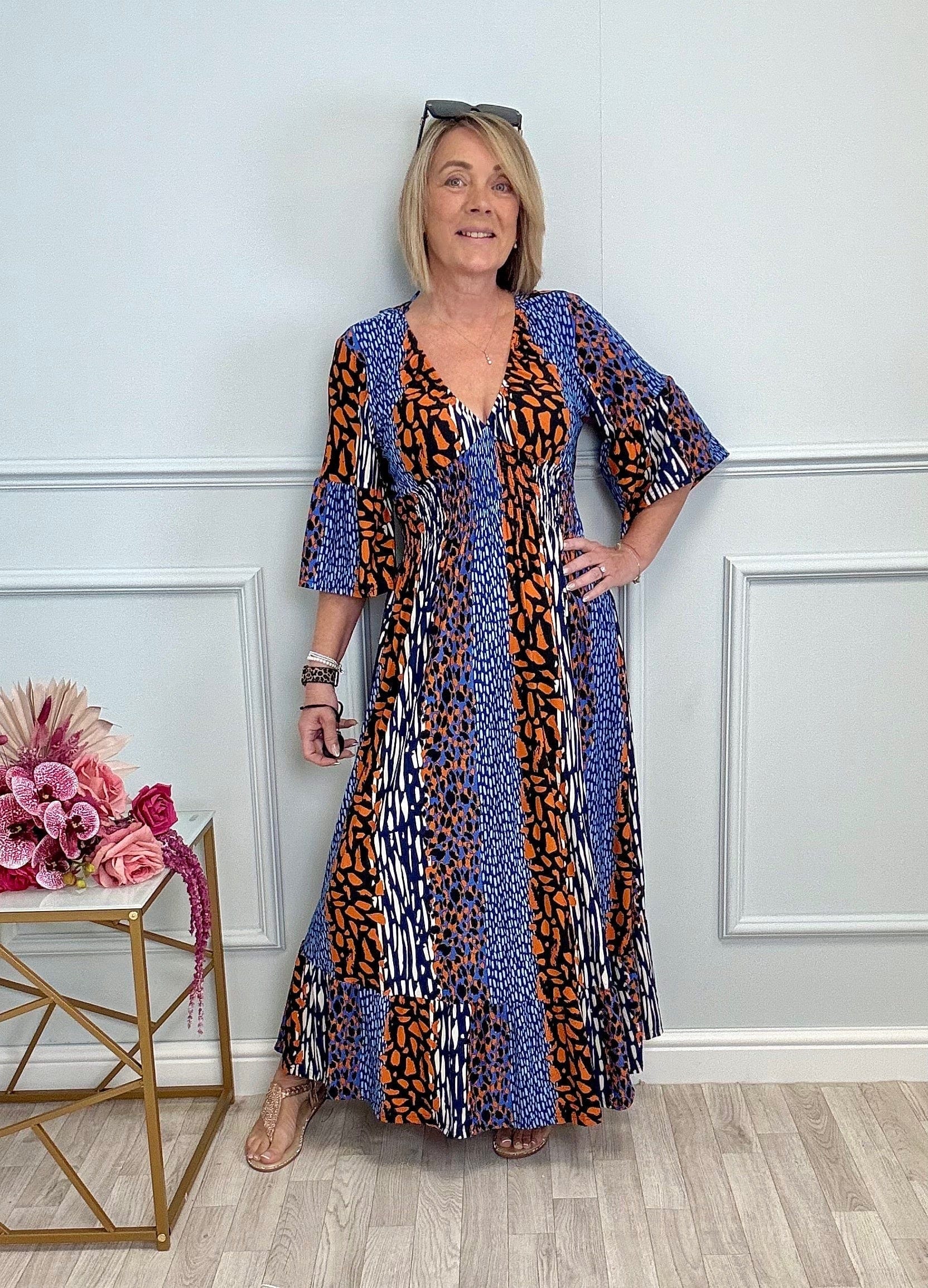 Azalea Mixed Animal V-Neck Shirred Waist Midi Dress - Flowy & Elegant Design (Sizes 8-20) Orange