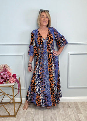 Azalea Mixed Animal V-Neck Shirred Waist Midi Dress - Flowy & Elegant Design (Sizes 8-20) Orange