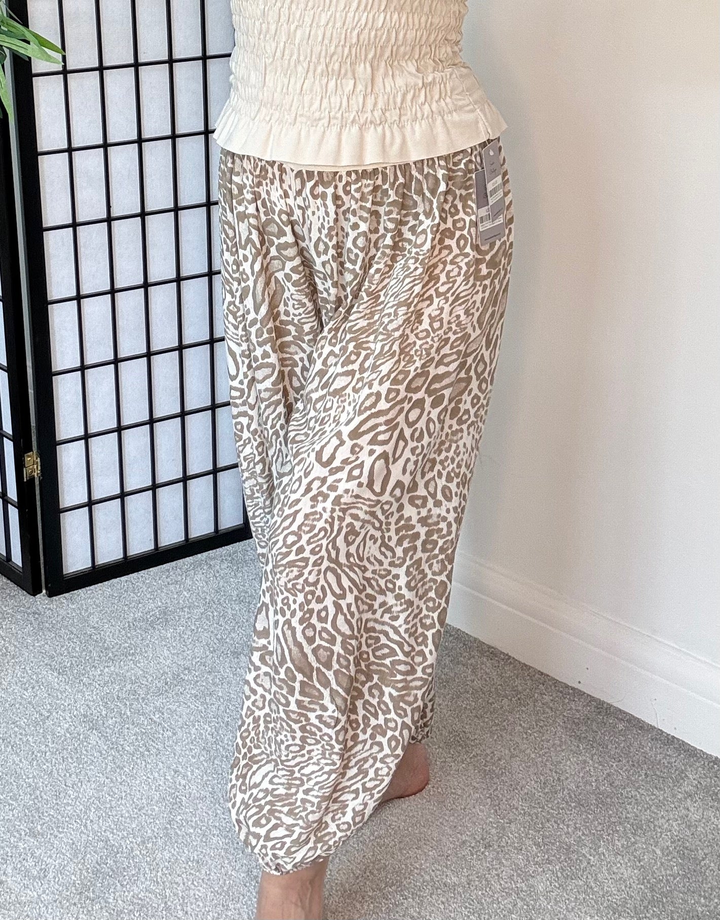Leopard Print Harem Barrel Trousers 8-16 Sand