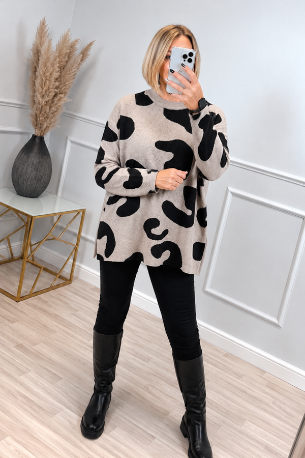 Mila Scribble Print Knitted Jumper – Mocha