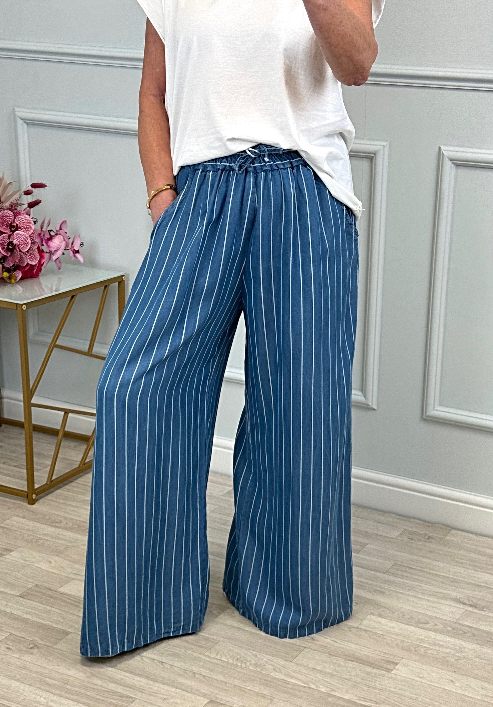 Lara Wide-Leg Chambray Stripe Trousers Sizes 8-18