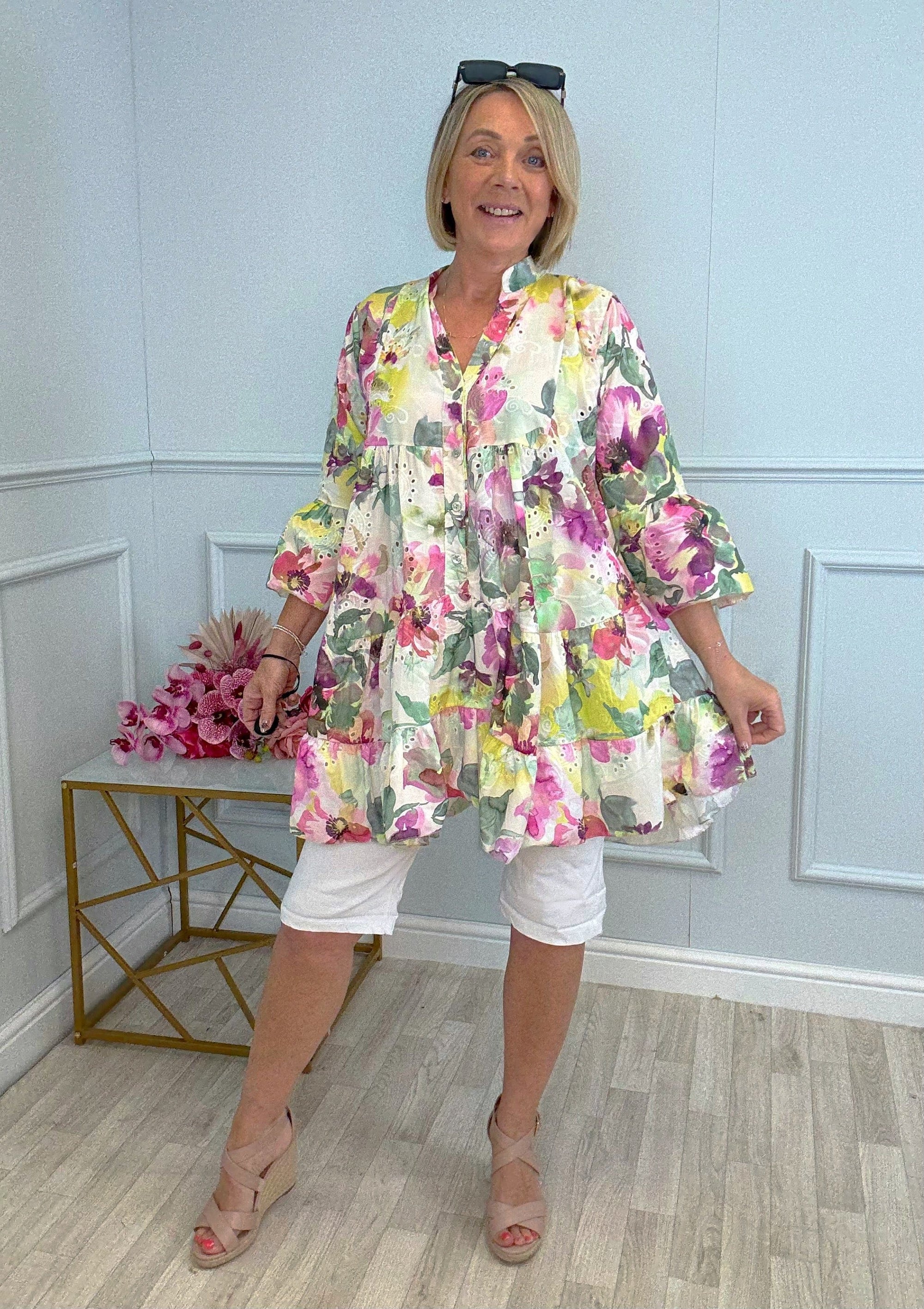 Leah Broderie Anglaise Floral Smock Tunic Dress  8–18 Lemon
