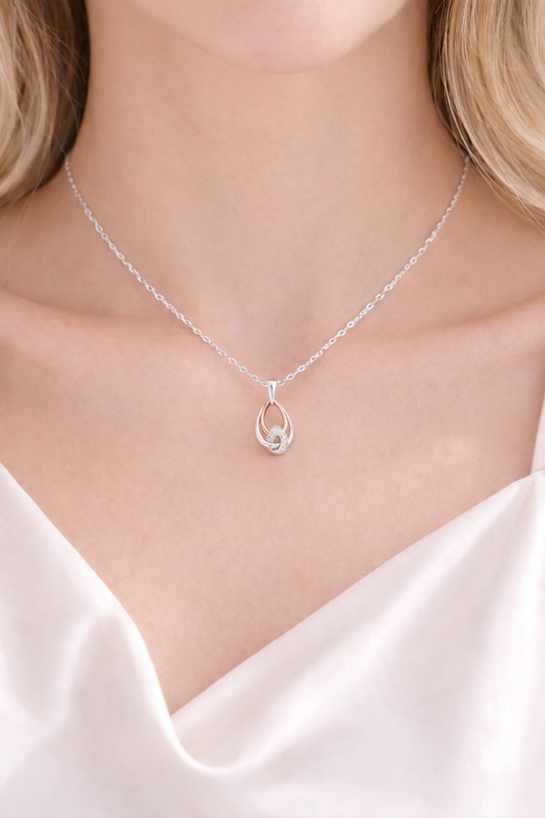 Two Tone Entwined Teardrop Pendant Necklace