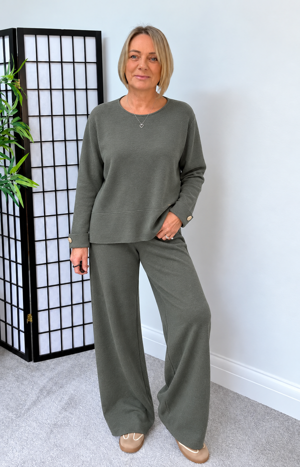 Florence Knitted Wide Leg Co-Ord Set – Khaki Cashmere