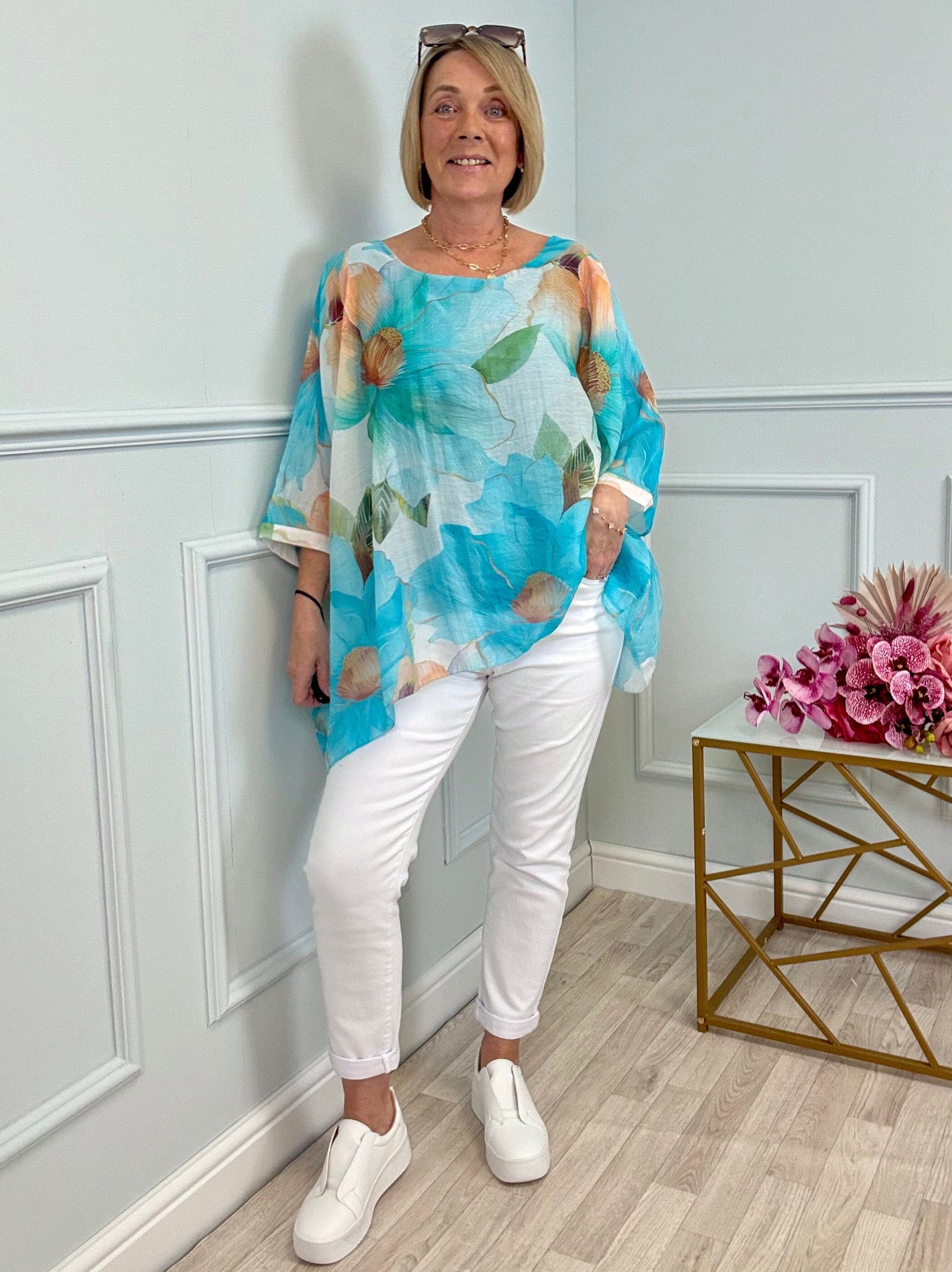 Lyra Oversized Floral Print Top 10-20 Turquoise