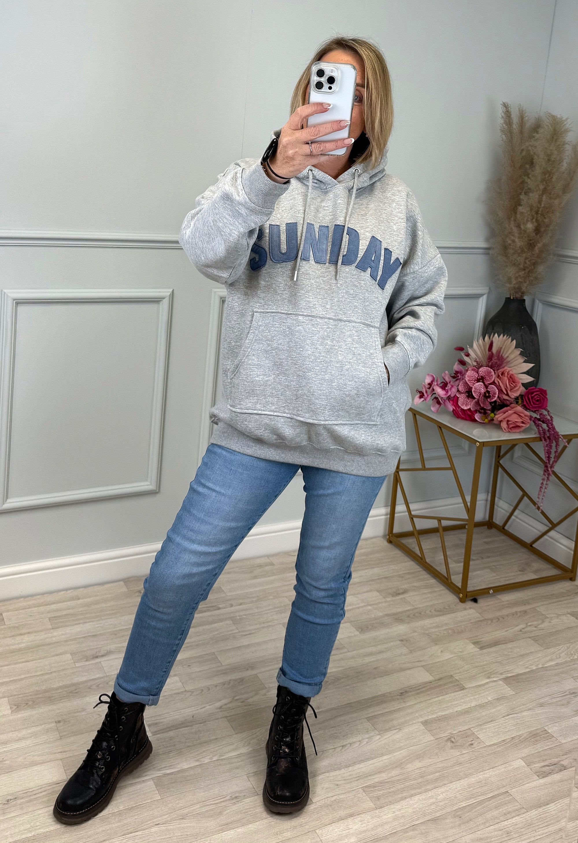 'Sunday' Denim Applique Hoodie Grey 8-22