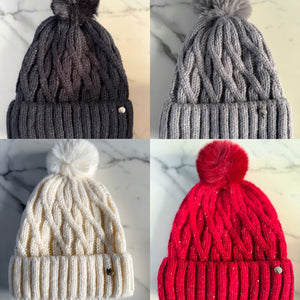 Metallic Fleck Cable Knit Pom Pom Hat – Fleece Lined