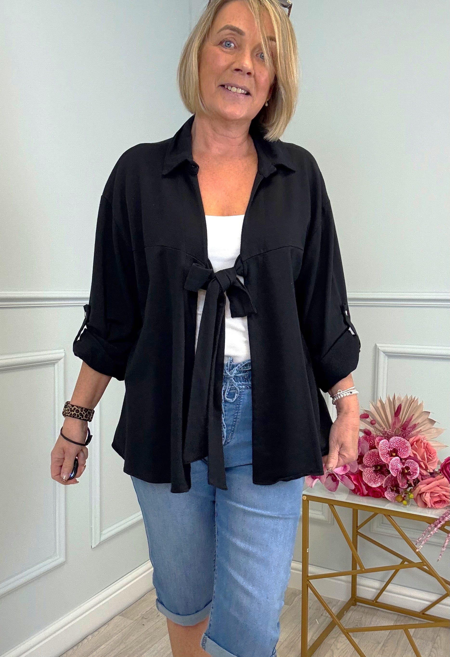 Eliza Tie-Front Lightweight Jacket with Roll-Up Sleeves 10-20 Black