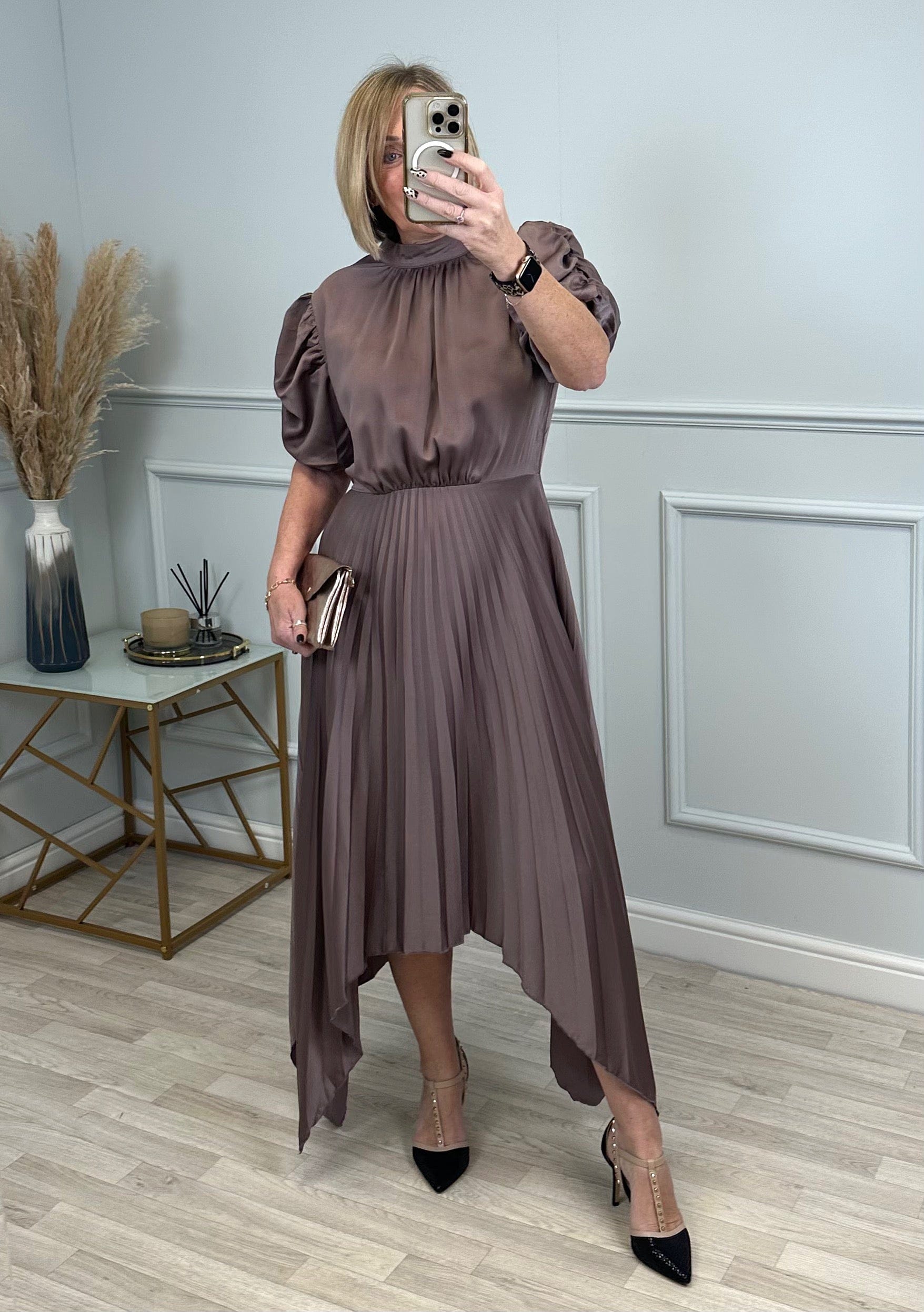 AX Paris Delphine Puff Sleeve Pleated Midi Dress Taupe NO RETURNS ON SALE ITEMS