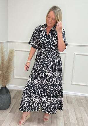 Serena Zebra Print Button-Through Maxi Dress 10-18 Black