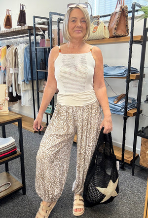 Leopard Print Harem Barrel Trousers 8-16 Sand
